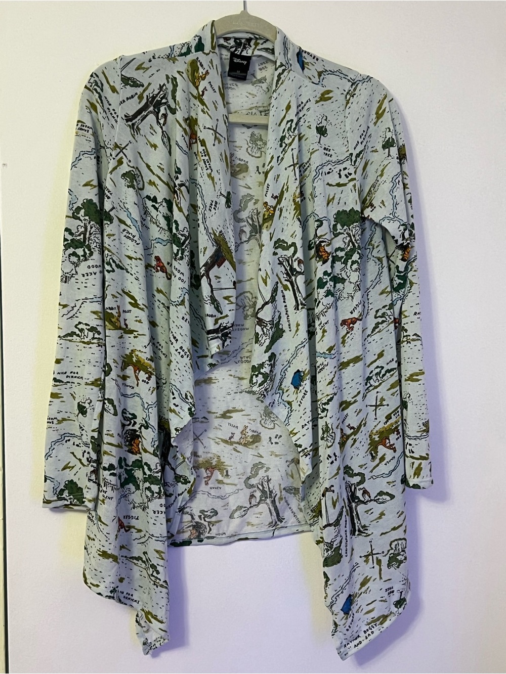 Winnie-the-Pooh Map Print Light Blue Lightweight Open-Front Cardigan. Size M.